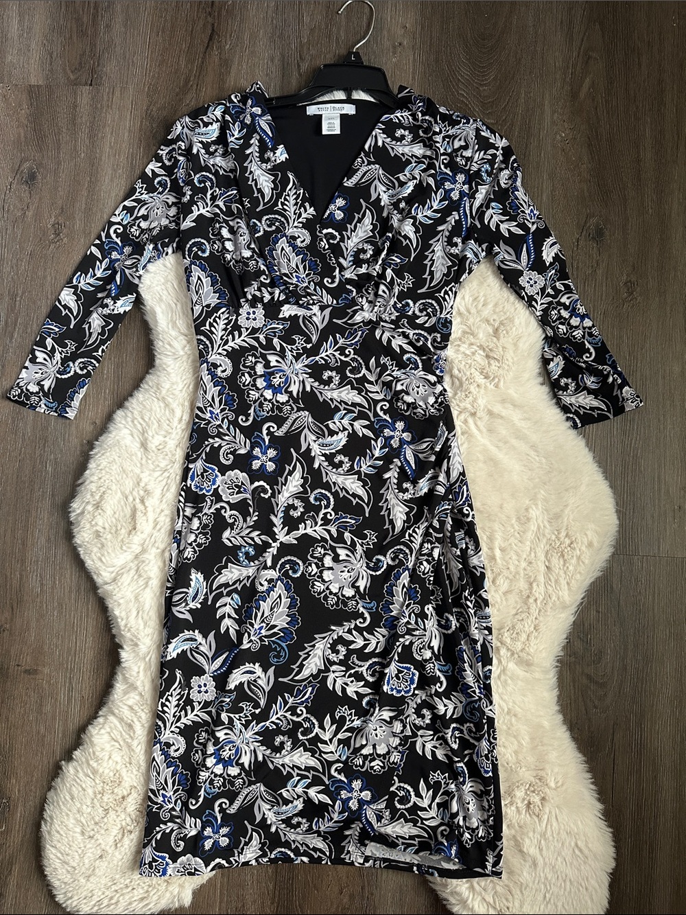 White Mark Black Floral Wrap Dress with Blue and White Print 00